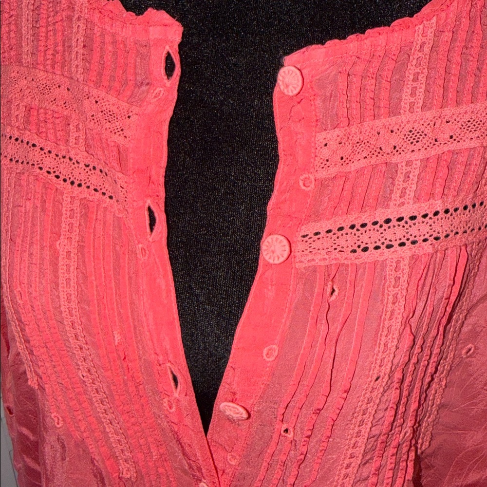 Johnny Was Womens Coral Embroidered Long Sleeve Tunic with crocheted buttons lg - Picture 11 of 15
